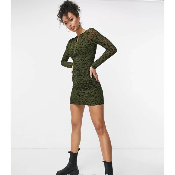 NaaNaa 1/2 Zip Front Green Bodycon Mini Animal Print Women 6 Mesh Dress - Picture 1 of 14